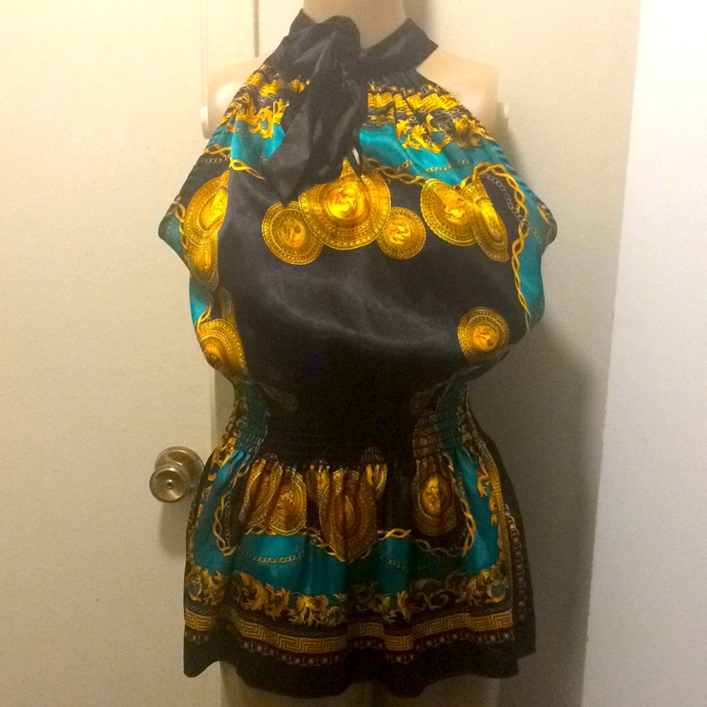 Womens peplum satin silky tank tie around neck top